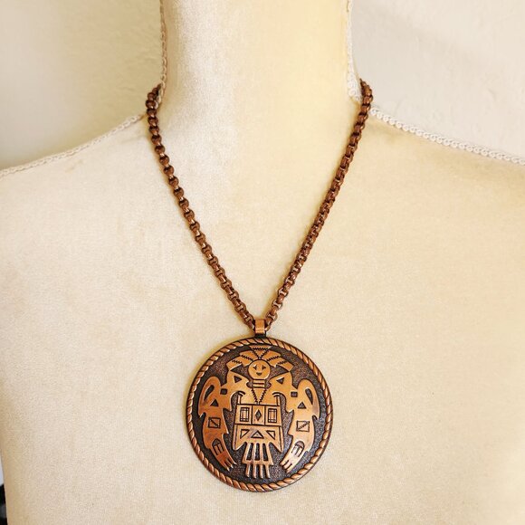 Vintage Bell Trading Co. Aztec Warrior 50's Copper Pendant Southwestern Necklace - Picture 1 of 4